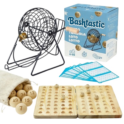Bingo juego completo Bashtastic con bombo metálico, tablero de madera, 90 bolas y 102 cartones troquelados