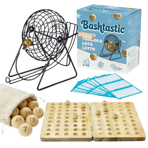 Bingo Juego Completo: Bombo Metálico, Tablero y Bolas de Madera, 102 Cartones Troquelados