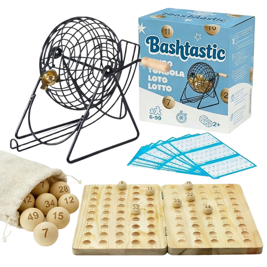 Bingo juego completo Bashtastic con bombo metálico, tablero de madera, 90 bolas y 102 cartones troquelados