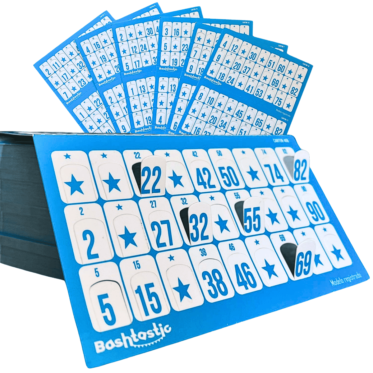 Cartones de bingo troquelados 504 unidades color azul, extendidos en abanico mostrando la numeración
