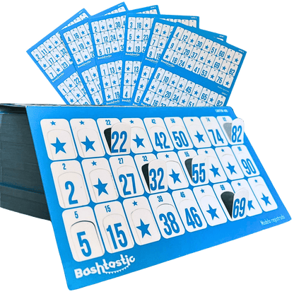 Cartones de bingo troquelados 504 unidades color azul, extendidos en abanico mostrando la numeración